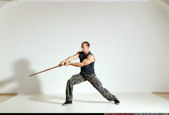 Man Adult Athletic White Fighting with sword Moving poses Army