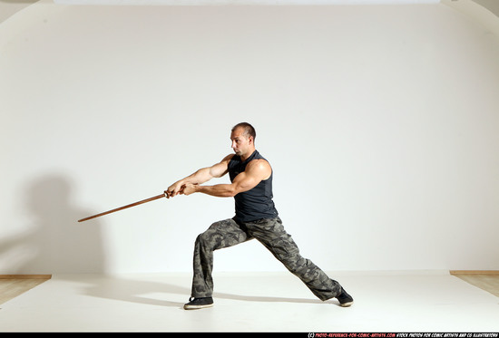 Man Adult Athletic White Fighting with sword Moving poses Army