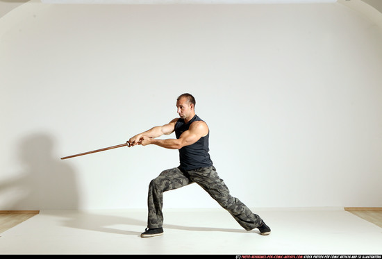 Man Adult Athletic White Fighting with sword Moving poses Army