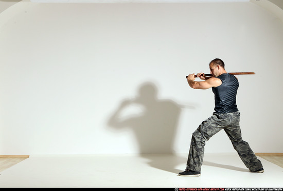 Man Adult Athletic White Fighting with sword Moving poses Army