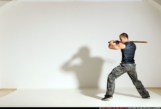 Man Adult Athletic White Fighting with sword Moving poses Army