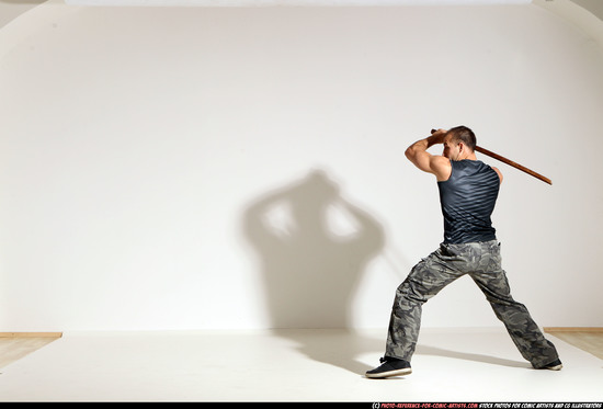 Man Adult Athletic White Fighting with sword Moving poses Army