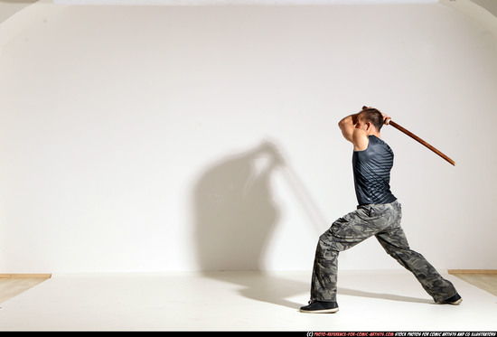 Man Adult Athletic White Fighting with sword Moving poses Army