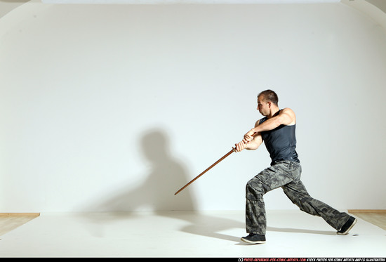 Man Adult Athletic White Fighting with sword Moving poses Army