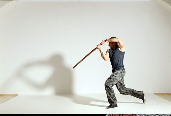 Man Adult Athletic White Fighting with sword Moving poses Army