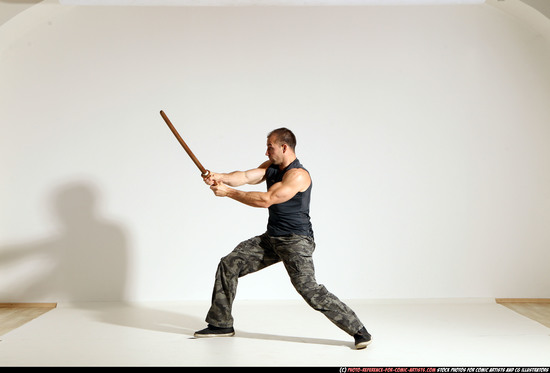 Man Adult Athletic White Fighting with sword Moving poses Army