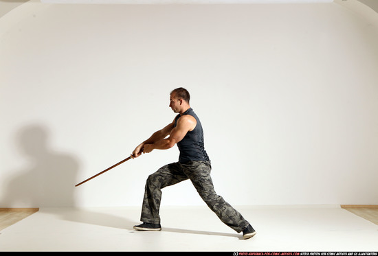 Man Adult Athletic White Fighting with sword Moving poses Army