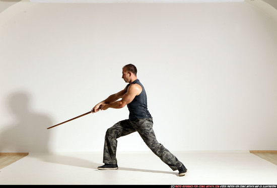 Man Adult Athletic White Fighting with sword Moving poses Army