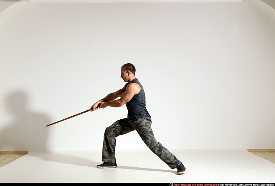 Man Adult Athletic White Fighting with sword Moving poses Army