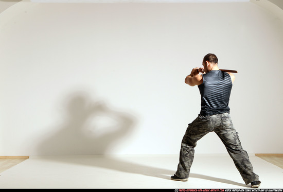 Man Adult Athletic White Fighting with sword Moving poses Army