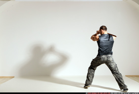 Man Adult Athletic White Fighting with sword Moving poses Army