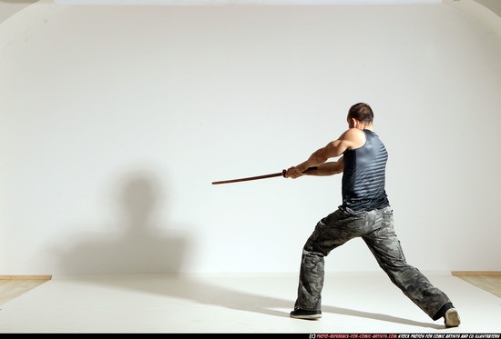 Man Adult Athletic White Fighting with sword Moving poses Army