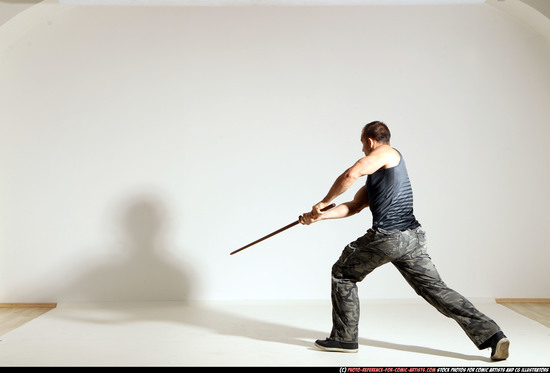 Man Adult Athletic White Fighting with sword Moving poses Army