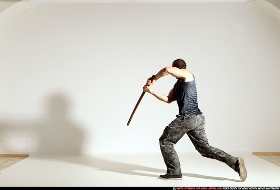 Man Adult Athletic White Fighting with sword Moving poses Army