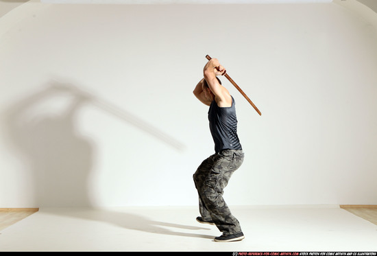 Man Adult Athletic White Fighting with sword Moving poses Army