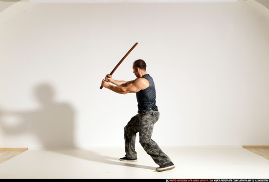 Man Adult Athletic White Fighting with sword Moving poses Army