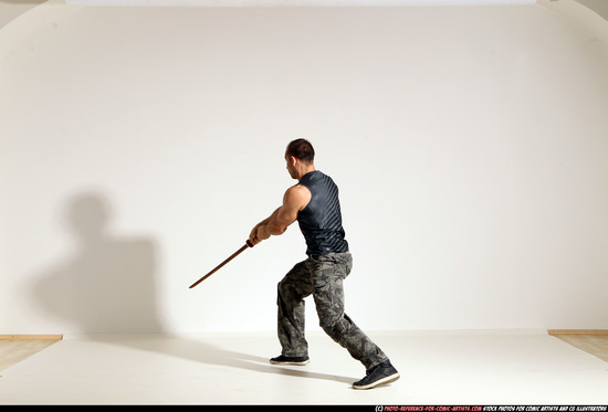 Man Adult Athletic White Fighting with sword Moving poses Army