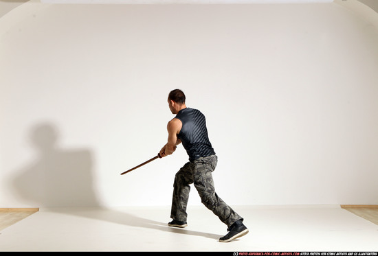 Man Adult Athletic White Fighting with sword Moving poses Army