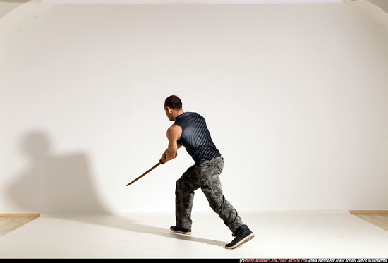 Man Adult Athletic White Fighting with sword Moving poses Army