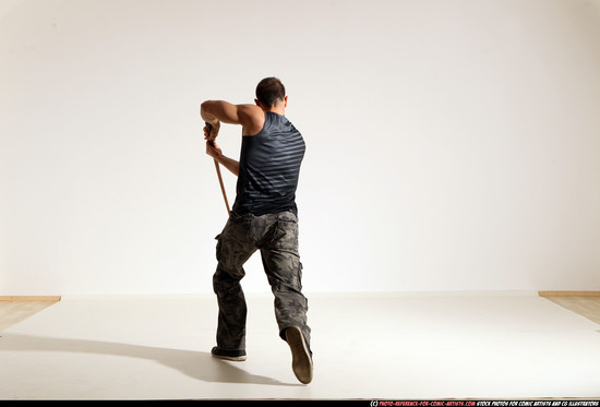 Man Adult Athletic White Fighting with sword Moving poses Army