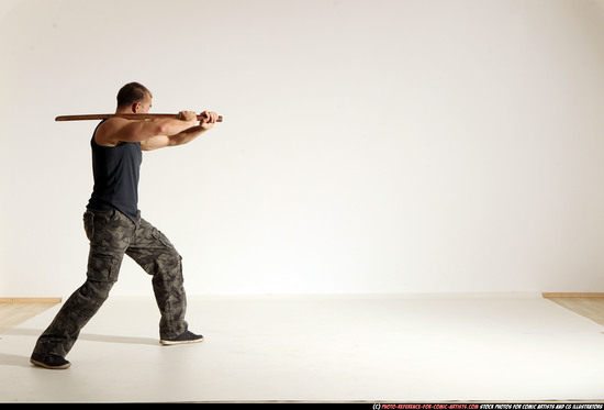 Man Adult Athletic White Fighting with sword Moving poses Army