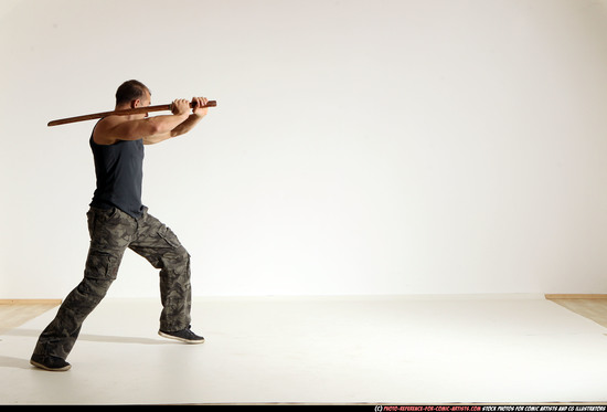 Man Adult Athletic White Fighting with sword Moving poses Army