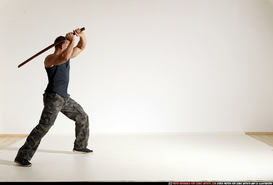 Man Adult Athletic White Fighting with sword Moving poses Army