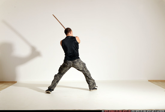 Man Adult Athletic White Fighting with sword Moving poses Army