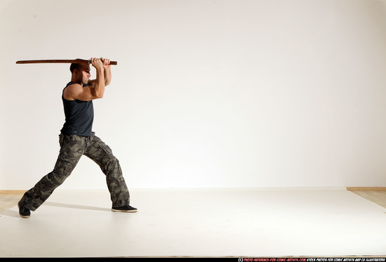 Man Adult Athletic White Fighting with sword Moving poses Army