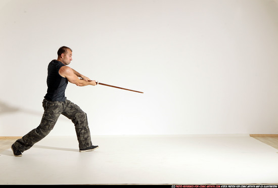 Man Adult Athletic White Fighting with sword Moving poses Army