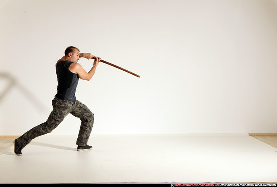 Man Adult Athletic White Fighting with sword Moving poses Army