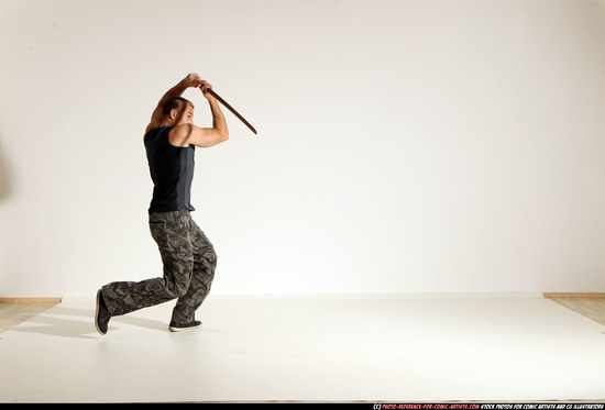 Man Adult Athletic White Fighting with sword Moving poses Army