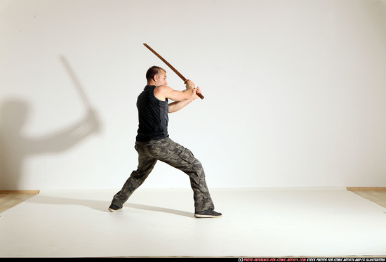 Man Adult Athletic White Fighting with sword Moving poses Army