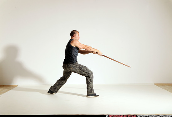 Man Adult Athletic White Fighting with sword Moving poses Army