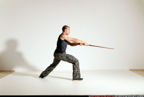 Man Adult Athletic White Fighting with sword Moving poses Army