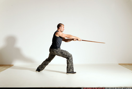 Man Adult Athletic White Fighting with sword Moving poses Army