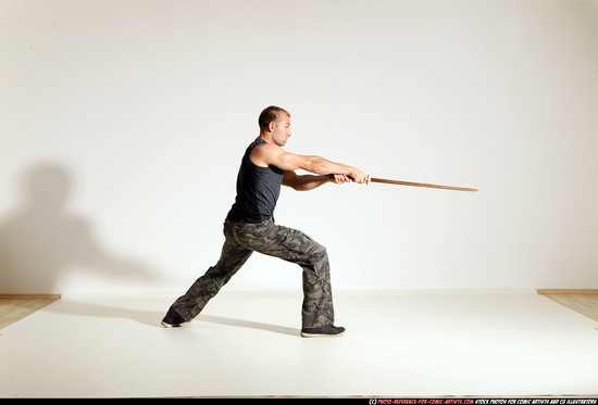 Man Adult Athletic White Fighting with sword Moving poses Army