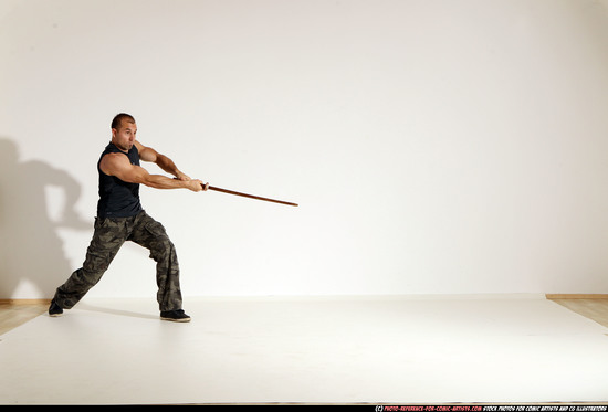 Man Adult Athletic White Fighting with sword Moving poses Army