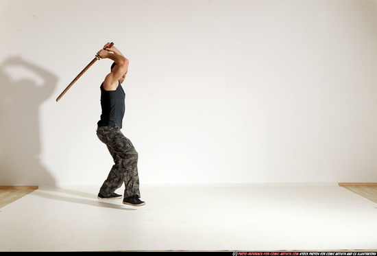 Man Adult Athletic White Fighting with sword Moving poses Army