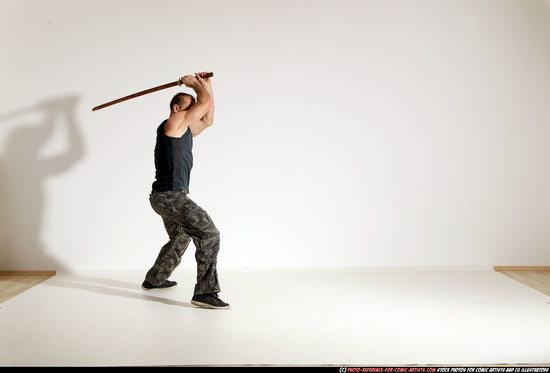 Man Adult Athletic White Fighting with sword Moving poses Army