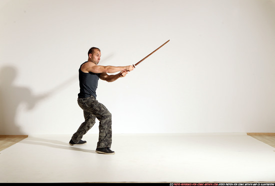 Man Adult Athletic White Fighting with sword Moving poses Army