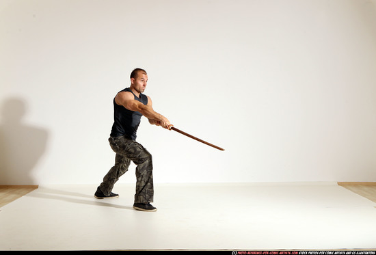 Man Adult Athletic White Fighting with sword Moving poses Army