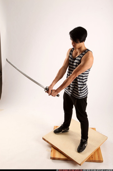 Man Young Athletic Fighting with sword Standing poses Casual Asian