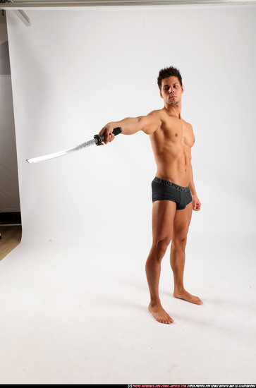 Man Adult Muscular White Fighting with sword Standing poses Underwear