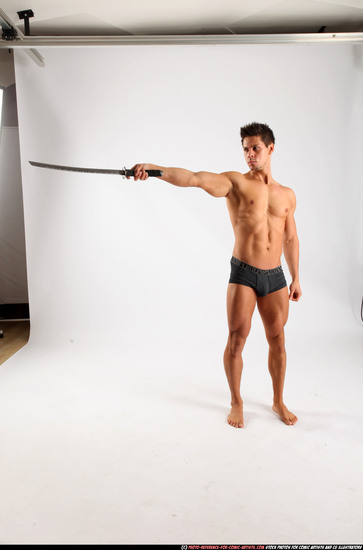 Man Adult Muscular White Fighting with sword Standing poses Underwear