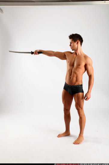 Man Adult Muscular White Fighting with sword Standing poses Underwear