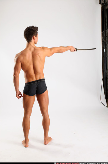 Man Adult Muscular White Fighting with sword Standing poses Underwear