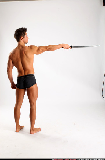 Man Adult Muscular White Fighting with sword Standing poses Underwear