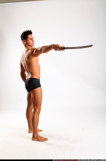 Man Adult Muscular White Fighting with sword Standing poses Underwear