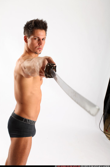 Man Adult Muscular White Fighting with sword Standing poses Underwear